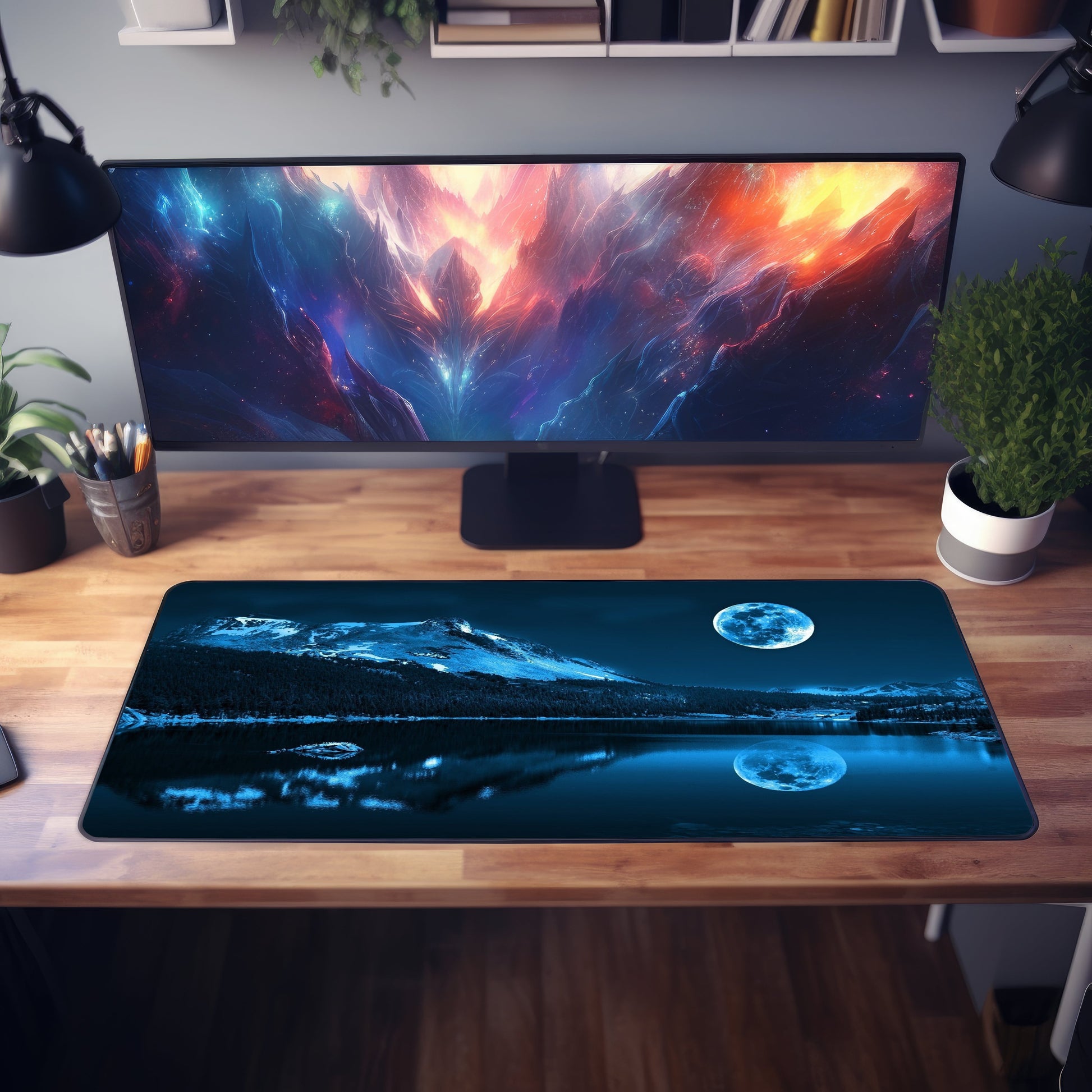 Snowy Mountain Under Full Moon Desk Mat