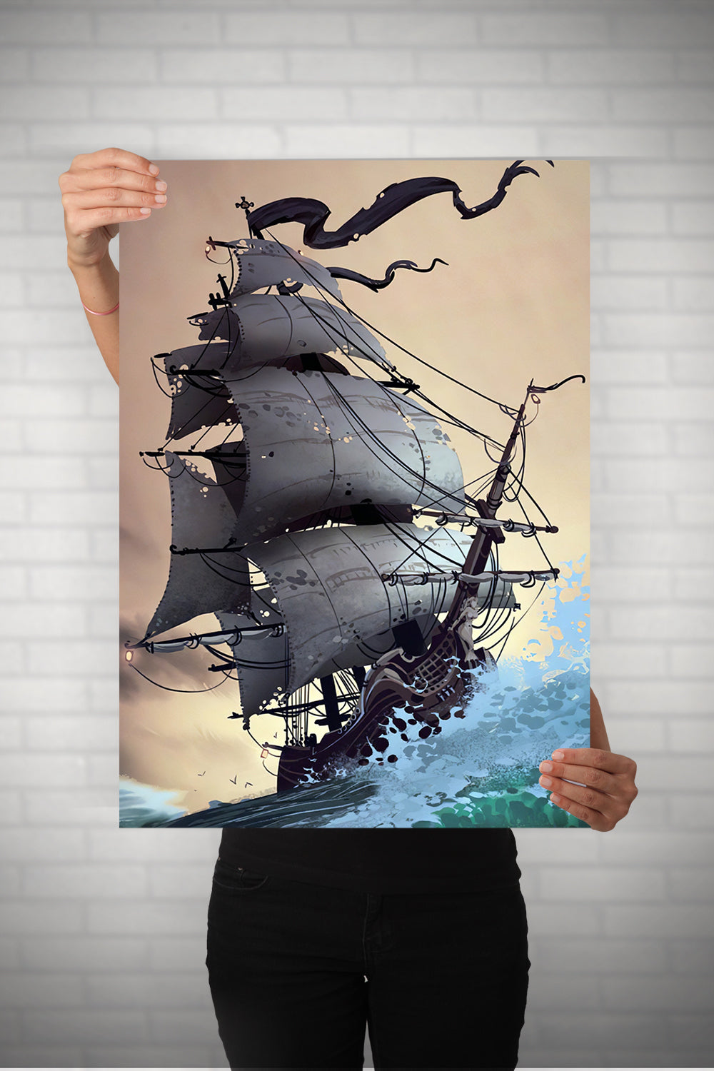 Old Ship Surfing Oceans Metal Poster
