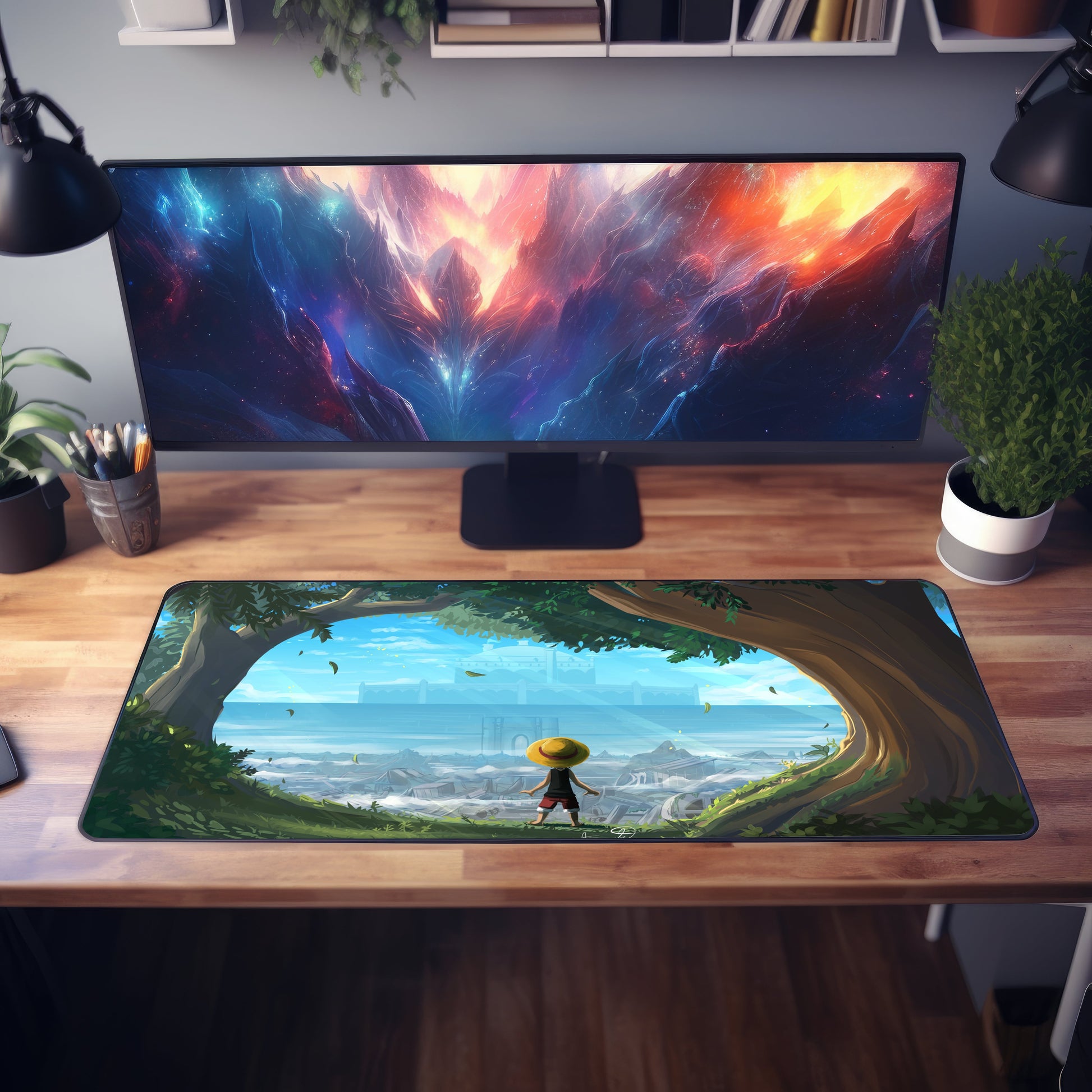 Small Luffy Watching Village Desk Mat