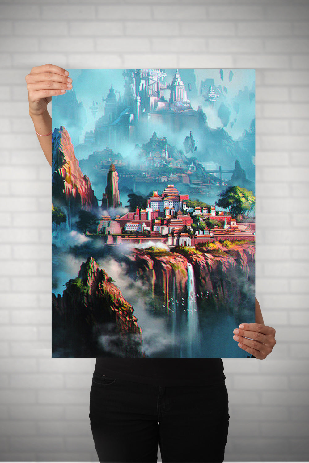 Town Over Waterfall Metal Poster